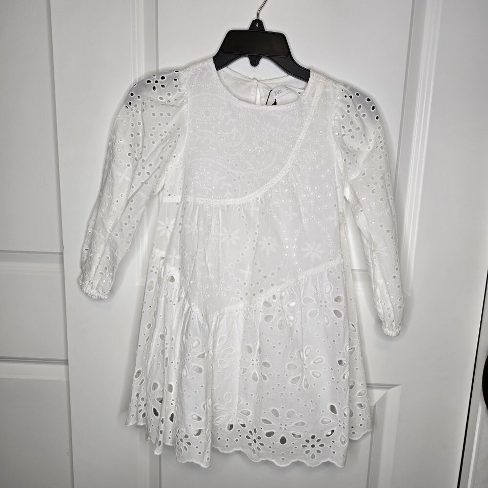BNWT Zara Girls White Cotton Eyelet Dress, size 7 (122 cm)